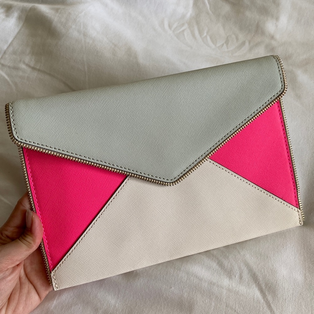 Rebecca Minkoff envelope Leo clutch in electric pink multi